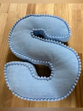 Blue “S” Letter Pom Pom Pillow